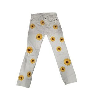 DRIPT Denim Mens 34 White Sunflower Painted Carpenter Jeans Straight Leg Stretch